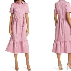 TED BAKER Ruffle Hem Stretch Cotton Shirtdress in Mid Pink Size 16